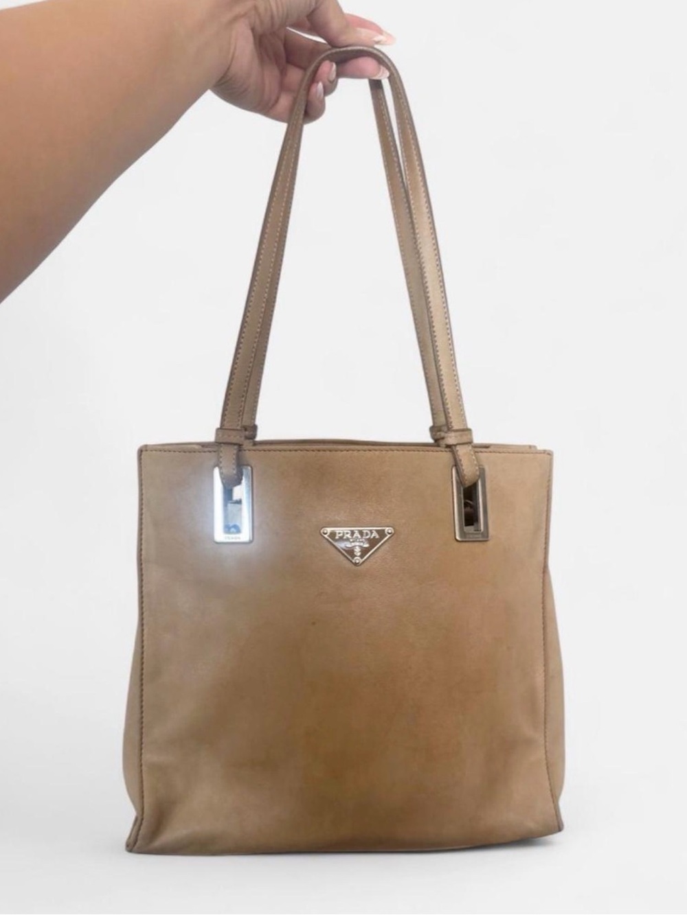 Rare Vintage Prada Triangle Logo Beige Lambskin Leather Small Tote Shoulder Bag
